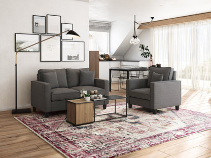 Modern grey 2 seater loveseat with plush cushions, sleek wooden legs, and soft fabric upholstery, perfect for small living rooms or cozy spaces.