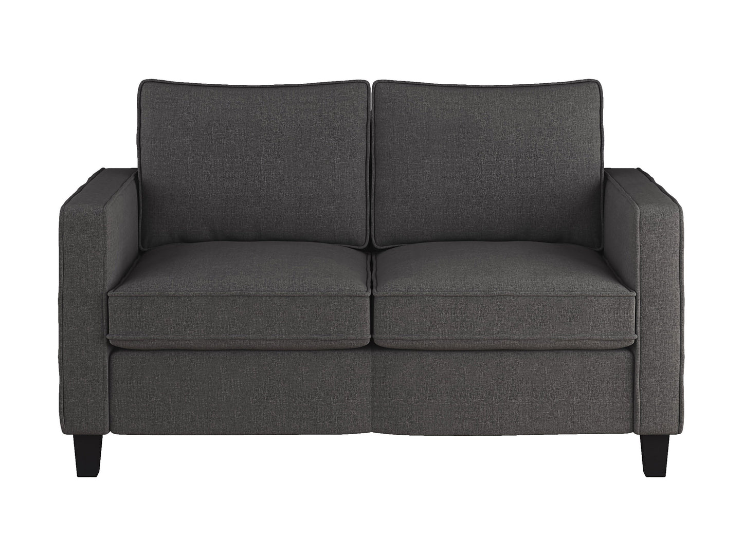 Modern grey 2 seater loveseat with plush cushions, sleek wooden legs, and soft fabric upholstery, perfect for small living rooms or cozy spaces.