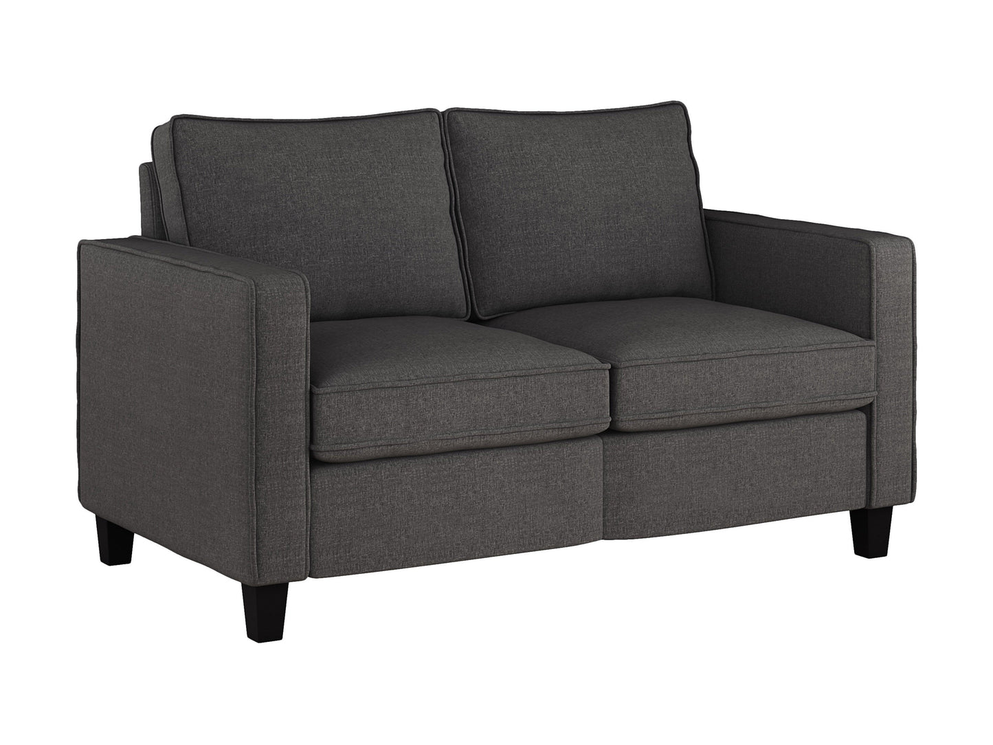 Modern grey 2 seater loveseat with plush cushions, sleek wooden legs, and soft fabric upholstery, perfect for small living rooms or cozy spaces.