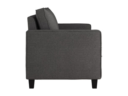 Modern grey 2 seater loveseat with plush cushions, sleek wooden legs, and soft fabric upholstery, perfect for small living rooms or cozy spaces.