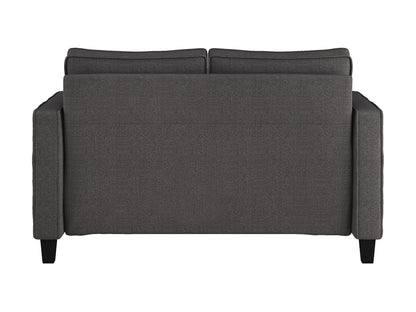 Modern grey 2 seater loveseat with plush cushions, sleek wooden legs, and soft fabric upholstery, perfect for small living rooms or cozy spaces.