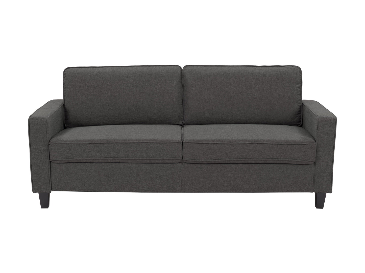 Three-seater grey fabric sofa with plush cushions, modern design, and sleek metal legs, perfect for contemporary living rooms.