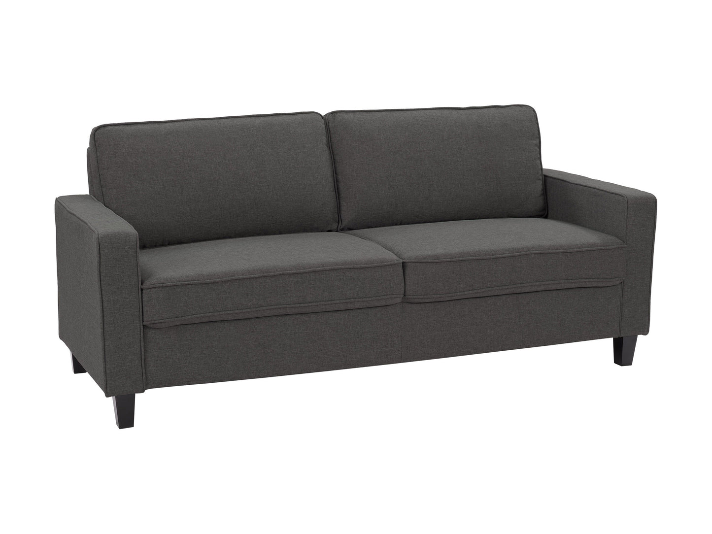 Three-seater grey fabric sofa with plush cushions, modern design, and sleek metal legs, perfect for contemporary living rooms.