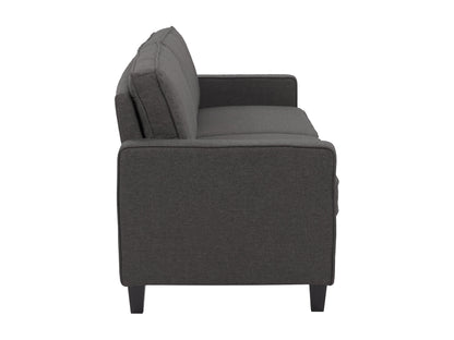 Three-seater grey fabric sofa with plush cushions, modern design, and sleek metal legs, perfect for contemporary living rooms.