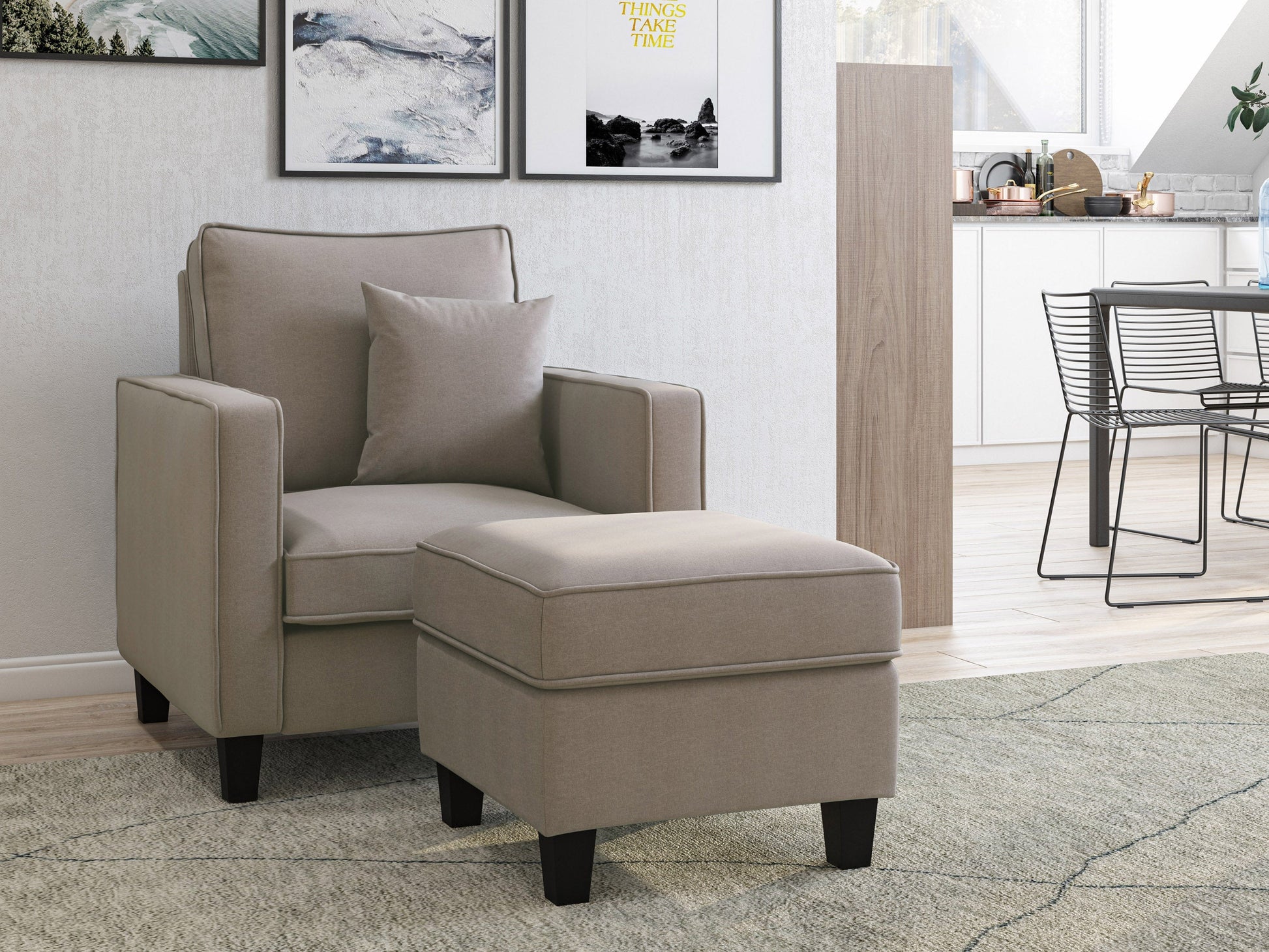 Taupe fabric armchair with matching ottoman, featuring a plush cushion, wooden legs, and a sleek modern design perfect for living room or reading nook.