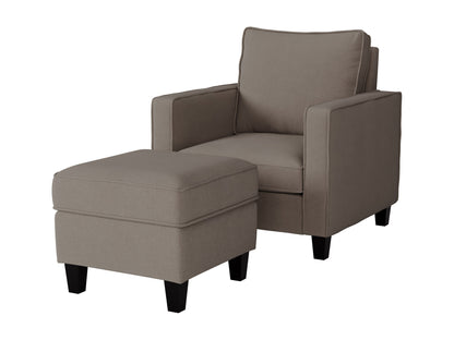 Taupe fabric armchair with matching ottoman, featuring a plush cushion, wooden legs, and a sleek modern design perfect for living room or reading nook.