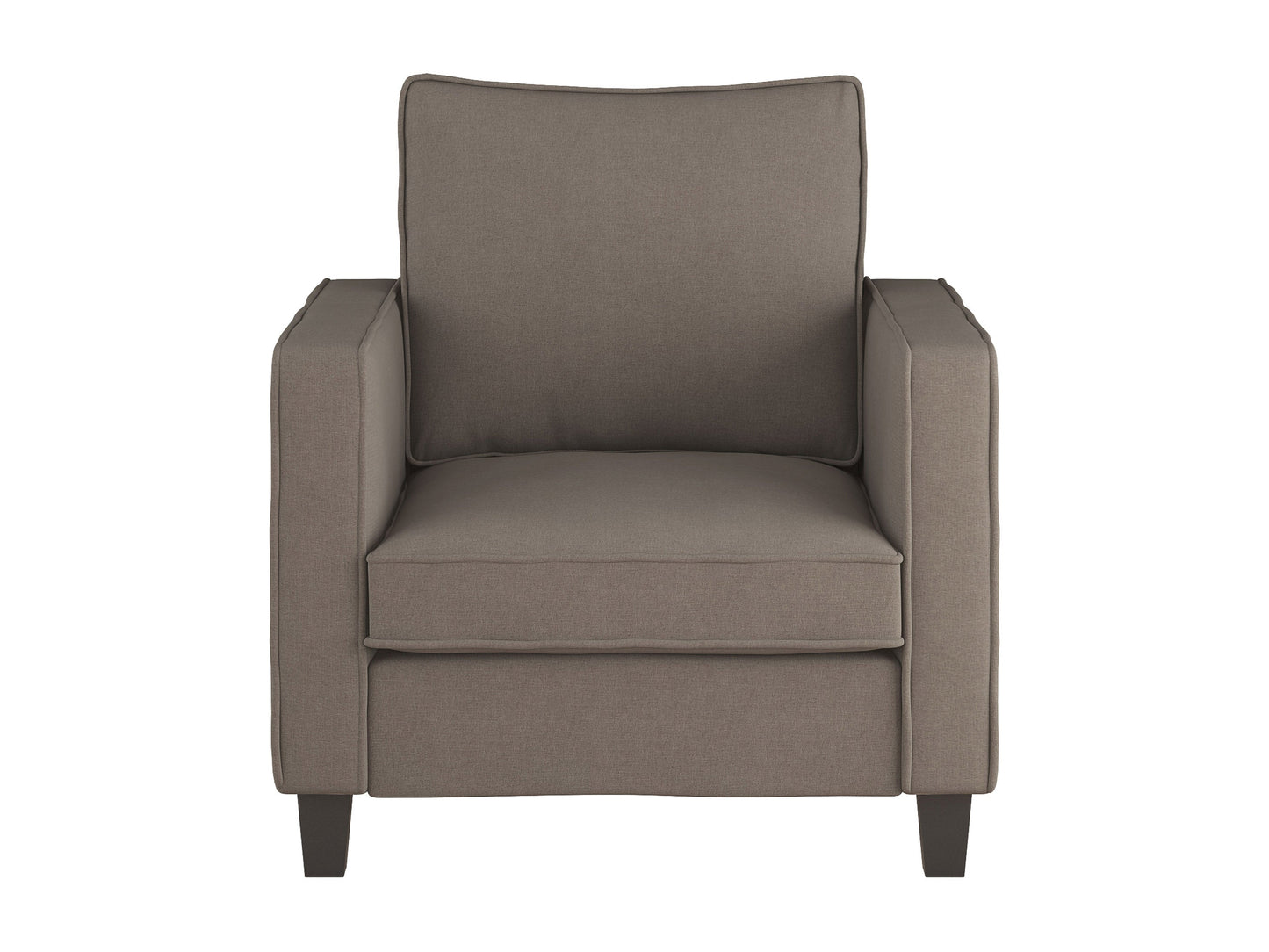 Taupe fabric armchair with matching ottoman, featuring a plush cushion, wooden legs, and a sleek modern design perfect for living room or reading nook.