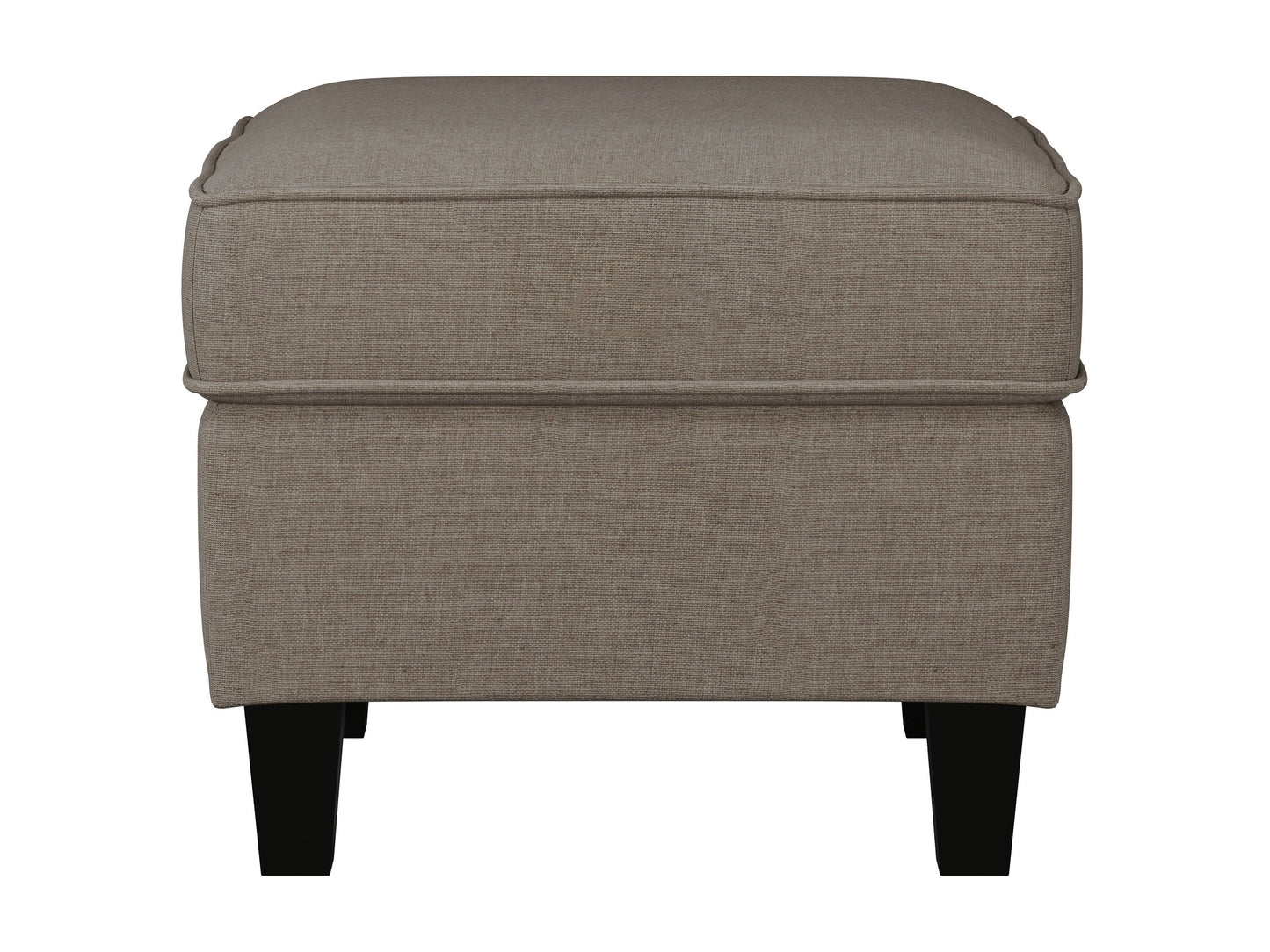 Taupe fabric armchair with matching ottoman, featuring a plush cushion, wooden legs, and a sleek modern design perfect for living room or reading nook.