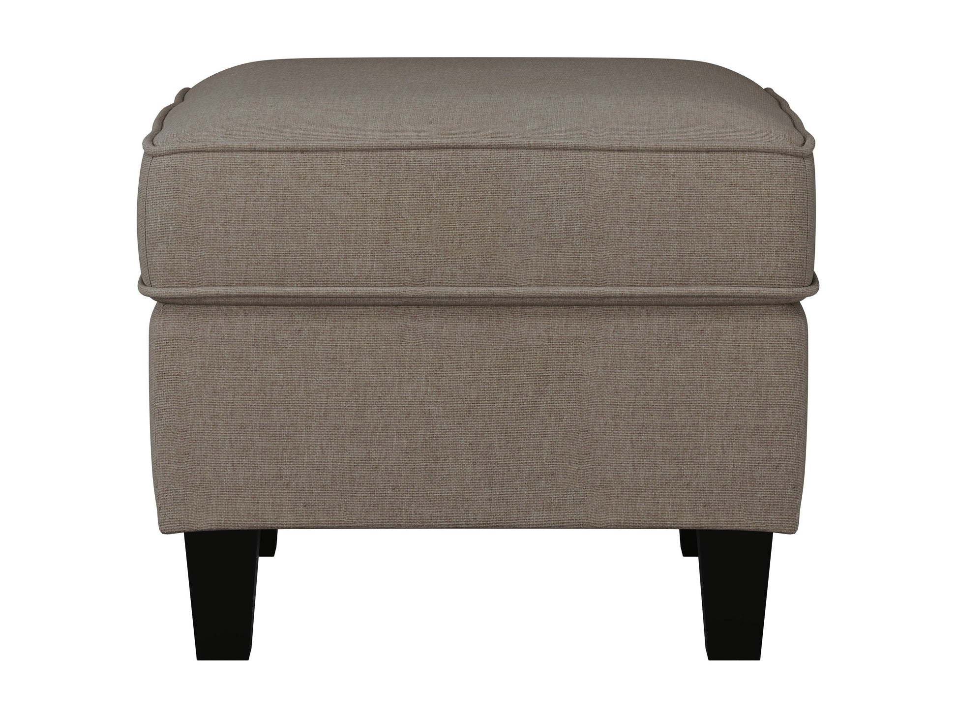 Taupe fabric armchair with matching ottoman, featuring a plush cushion, wooden legs, and a sleek modern design perfect for living room or reading nook.