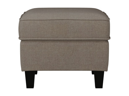 Taupe fabric armchair with matching ottoman, featuring a plush cushion, wooden legs, and a sleek modern design perfect for living room or reading nook.