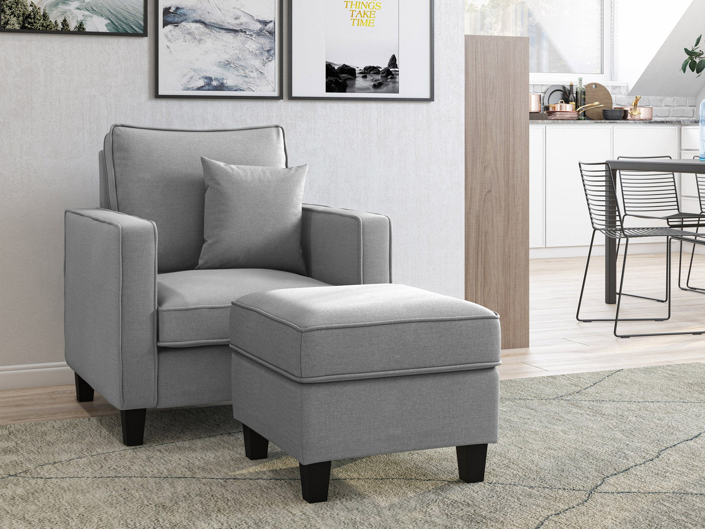 Light grey fabric armchair with matching ottoman, featuring wooden legs and a modern, minimalist design. The chair has a cushioned seat and backrest, ideal for living room or reading nook.