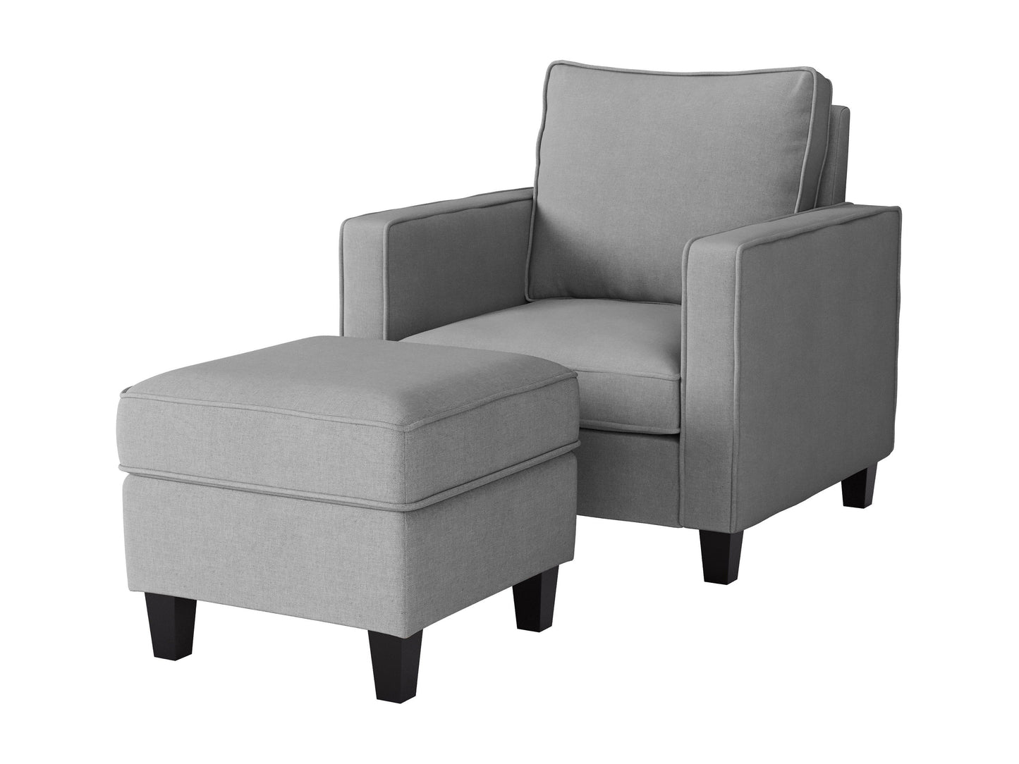 Light grey fabric armchair with matching ottoman, featuring wooden legs and a modern, minimalist design. The chair has a cushioned seat and backrest, ideal for living room or reading nook.