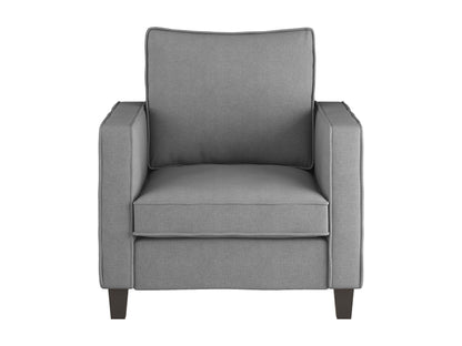 Light grey fabric armchair with matching ottoman, featuring wooden legs and a modern, minimalist design. The chair has a cushioned seat and backrest, ideal for living room or reading nook.