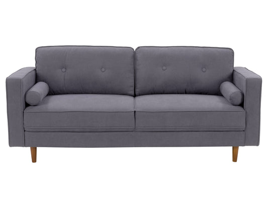 Three-seater grey fabric sofa with plush cushions, modern design, and sleek metal legs, perfect for contemporary living rooms.