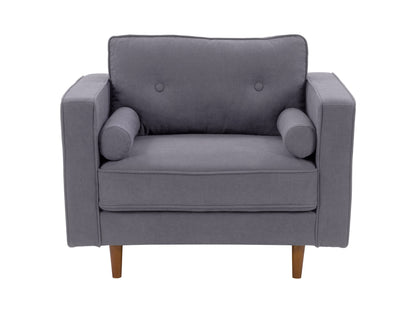 Grey accent chair with ottoman, featuring soft fabric upholstery, sleek wooden legs, and plush cushioning, perfect for modern living rooms or reading nooks.