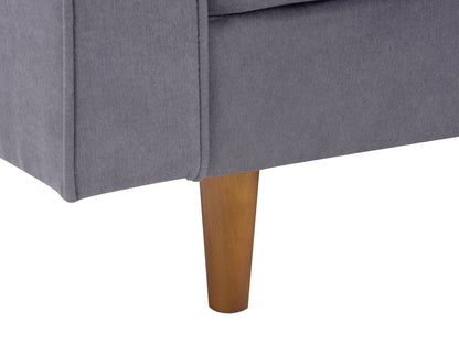 Grey accent chair with ottoman, featuring soft fabric upholstery, sleek wooden legs, and plush cushioning, perfect for modern living rooms or reading nooks.