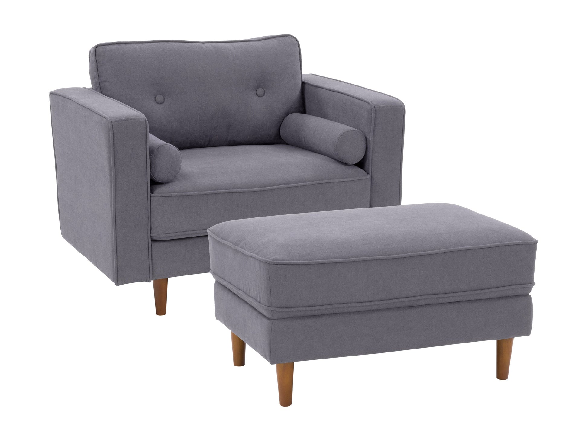 Grey accent chair with ottoman, featuring soft fabric upholstery, sleek wooden legs, and plush cushioning, perfect for modern living rooms or reading nooks.