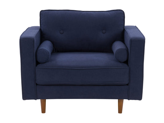 Navy blue mid-century modern arm chair with wooden legs, featuring a sleek design, plush upholstery, and button-tufted backrest. Ideal for living rooms or offices seeking stylish and comfortable seating.