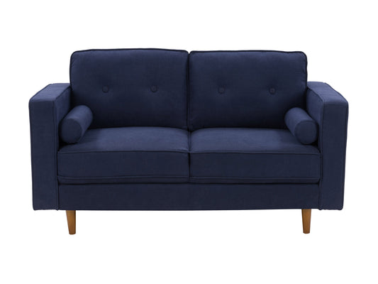 Navy blue 2 seater loveseat sofa with plush cushions, sleek wooden legs, and soft, textured fabric upholstery. Ideal for small living rooms or cozy spaces, offering comfort and style in a compact design.