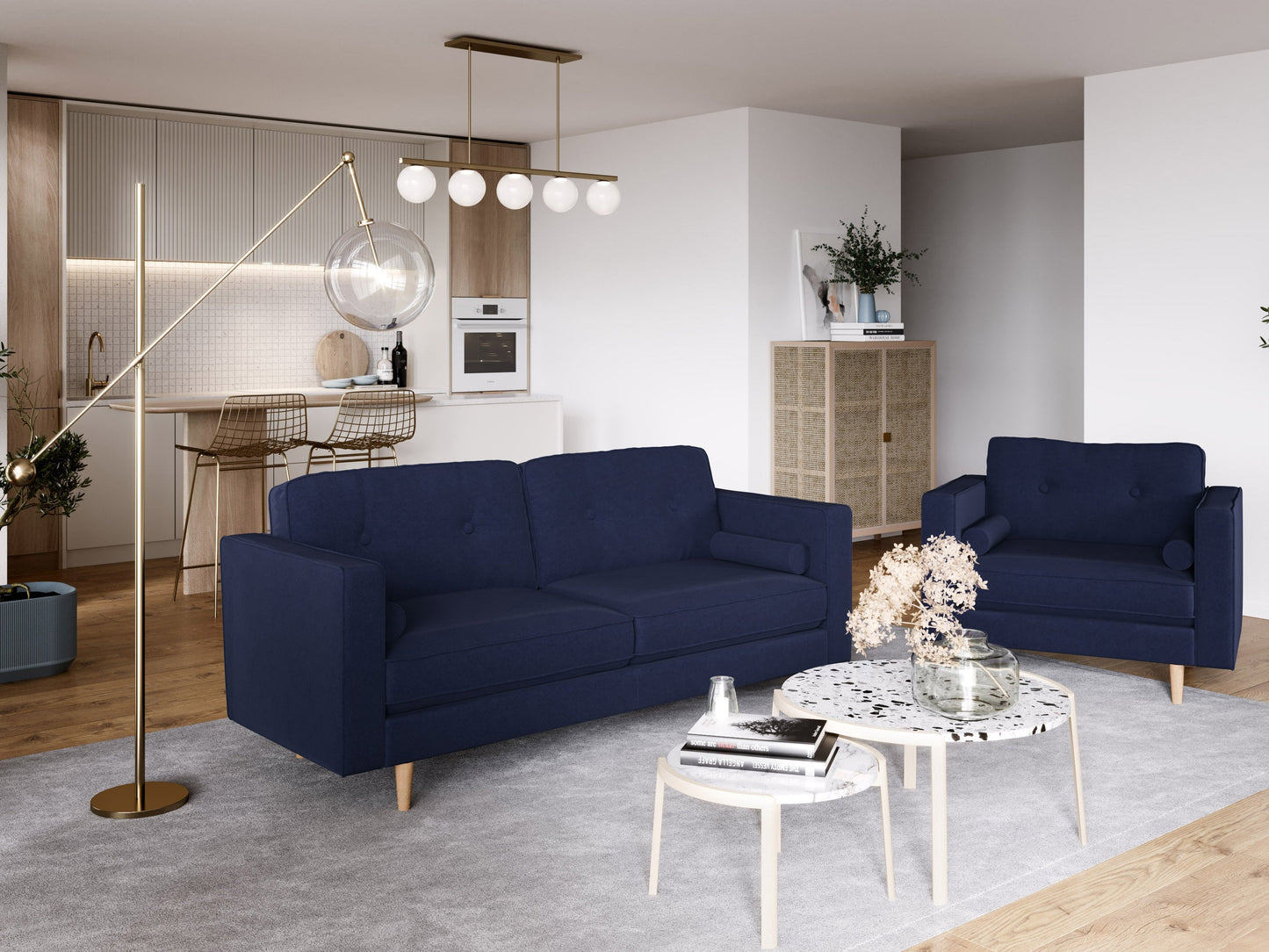 Navy blue 3-seater sofa with plush cushions, wooden legs, and soft velvet upholstery, perfect for living room comfort and style.