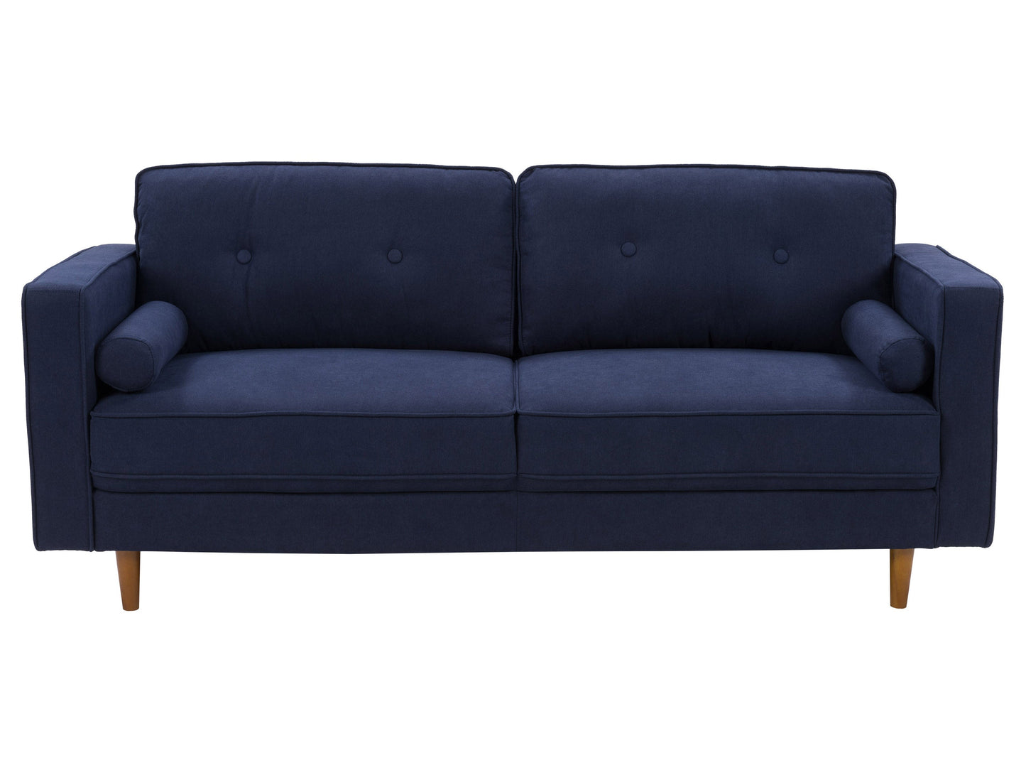 Navy blue 3-seater sofa with plush cushions, wooden legs, and soft velvet upholstery, perfect for living room comfort and style.