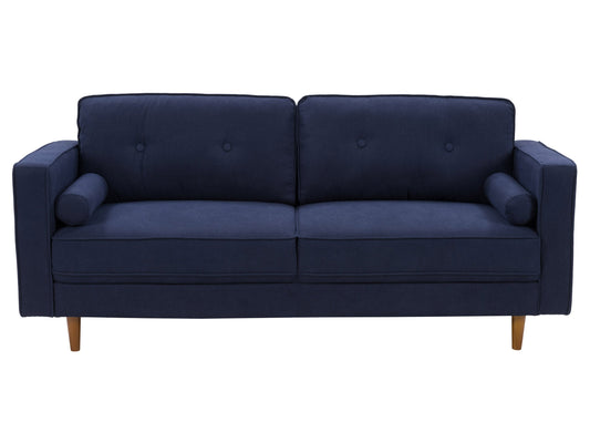 Navy blue 3-seater sofa with plush cushions, wooden legs, and soft velvet upholstery, perfect for living room comfort and style.