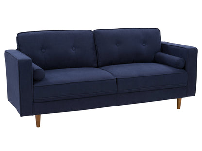 Navy blue 3-seater sofa with plush cushions, wooden legs, and soft velvet upholstery, perfect for living room comfort and style.