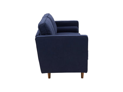 Navy blue 3-seater sofa with plush cushions, wooden legs, and soft velvet upholstery, perfect for living room comfort and style.