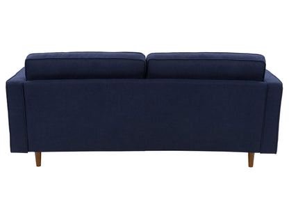 Navy blue 3-seater sofa with plush cushions, wooden legs, and soft velvet upholstery, perfect for living room comfort and style.