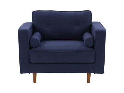 Navy blue accent chair with matching ottoman, featuring plush velvet upholstery, sleek wooden legs, and a modern design perfect for living rooms or reading nooks.