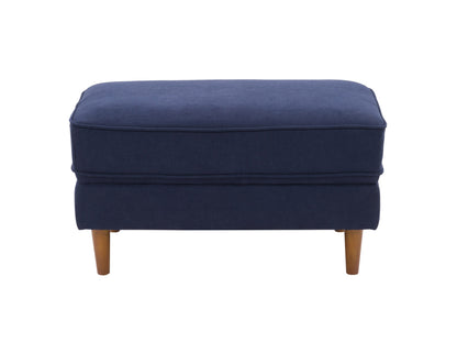 Navy blue accent chair with matching ottoman, featuring plush velvet upholstery, sleek wooden legs, and a modern design perfect for living rooms or reading nooks.