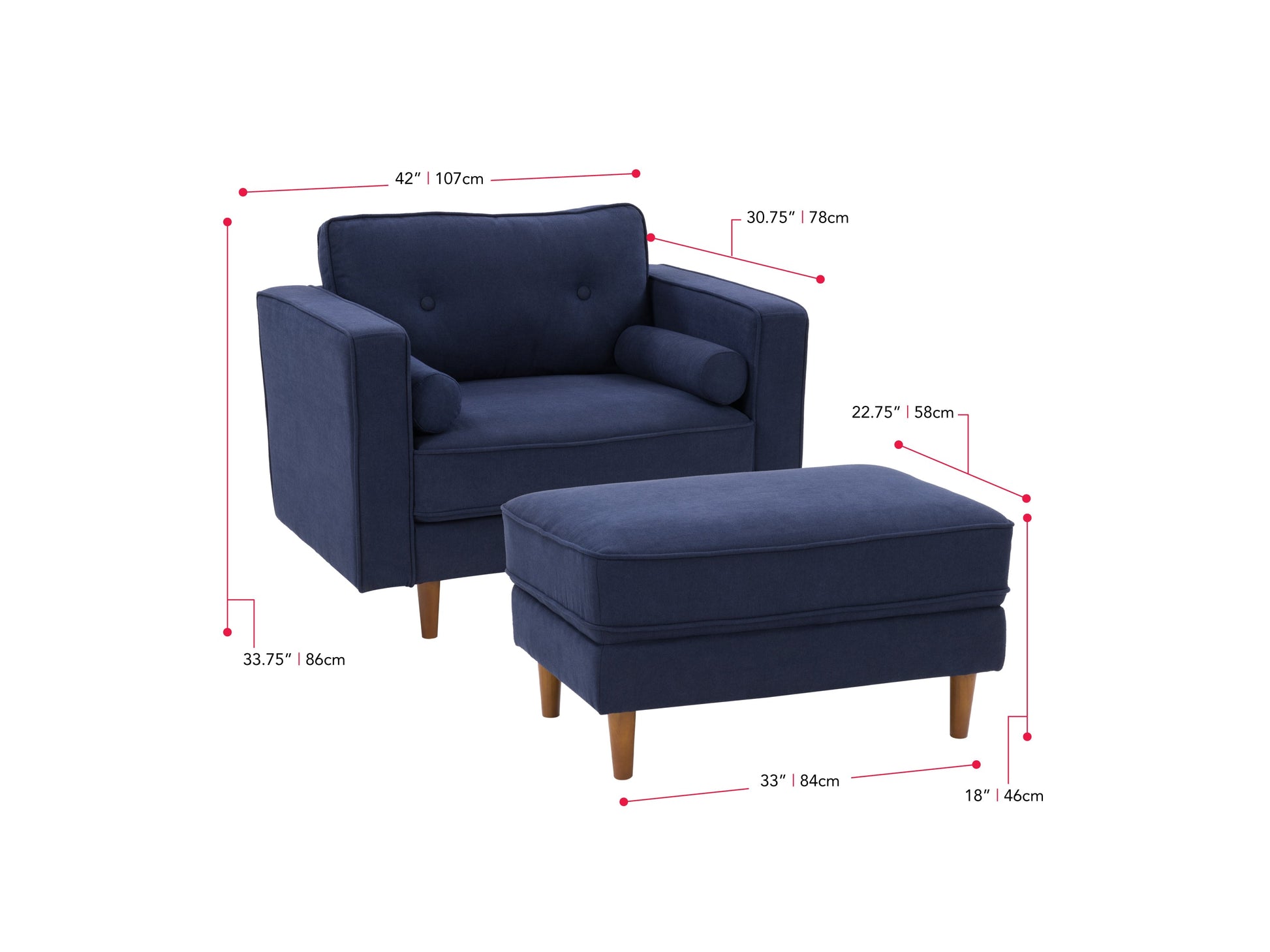 Navy blue accent chair with matching ottoman, featuring plush velvet upholstery, sleek wooden legs, and a modern design perfect for living rooms or reading nooks.