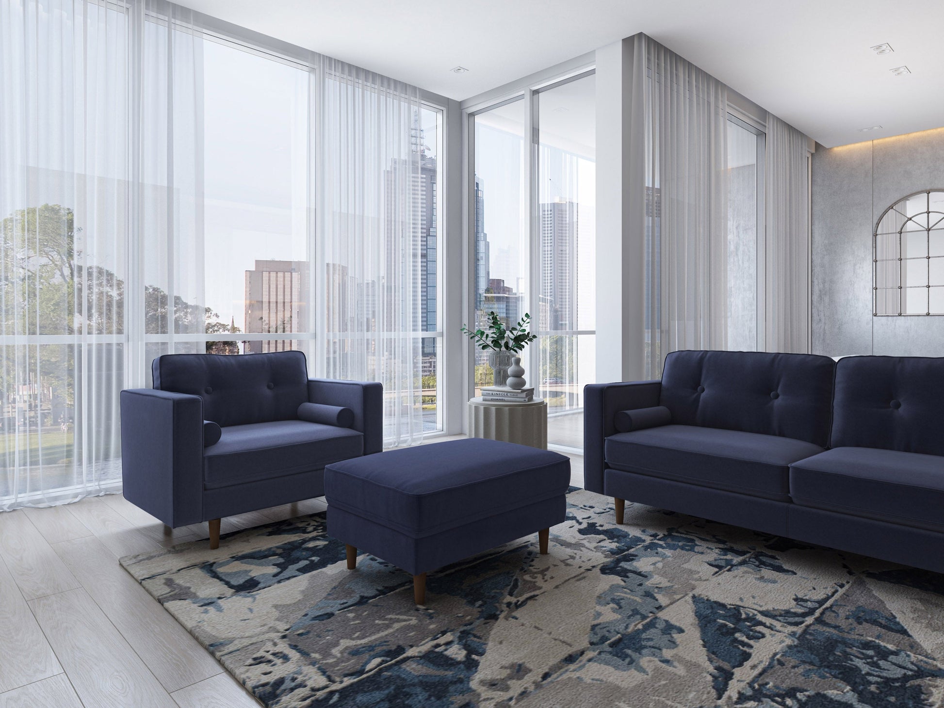 Navy blue accent chair with matching ottoman, featuring plush velvet upholstery, sleek wooden legs, and a modern design perfect for living rooms or reading nooks.