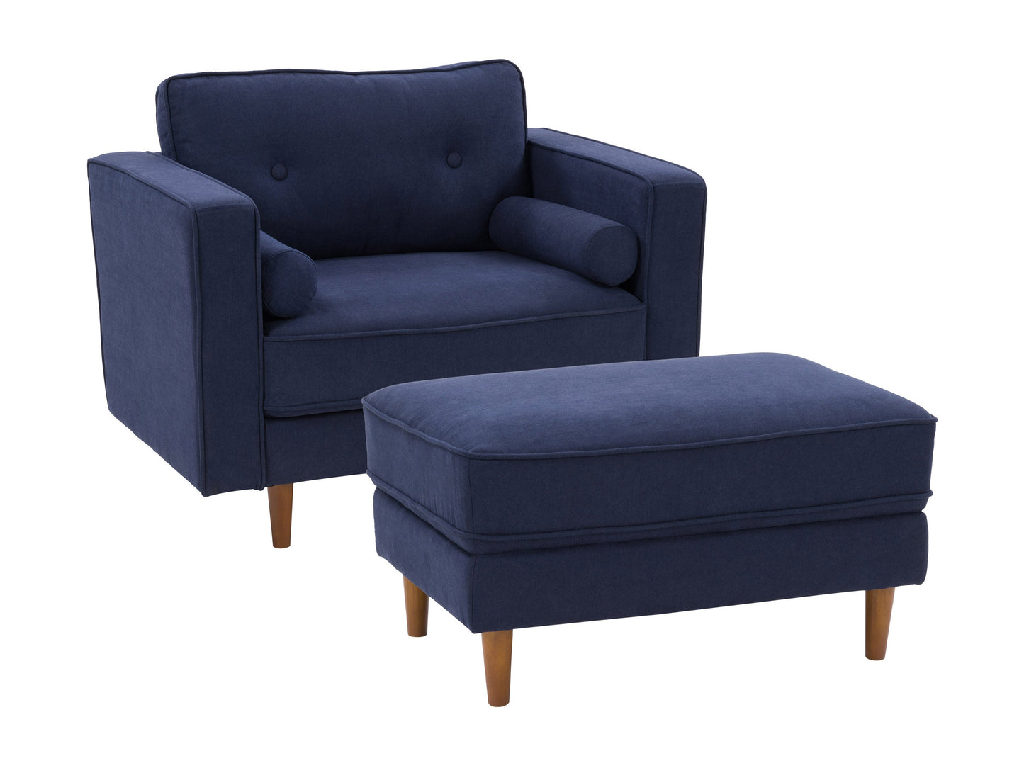 Navy blue accent chair with matching ottoman, featuring plush velvet upholstery, sleek wooden legs, and a modern design perfect for living rooms or reading nooks.