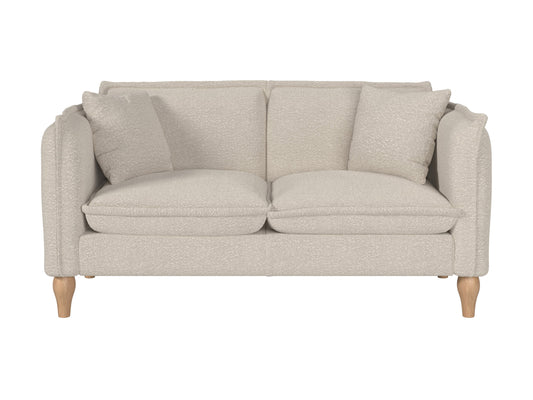 Modern boucle loveseat in cream, featuring soft textured fabric, sleek wooden legs, and plush cushioning for comfort and style, perfect for contemporary living rooms or cozy reading nooks.