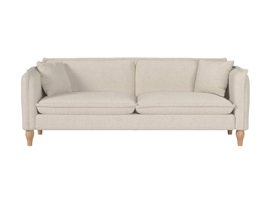 Cream Boucle Sofa with curved back, plush texture, and wooden legs. Ideal for modern living rooms. Comfortable seating with soft, tactile fabric.