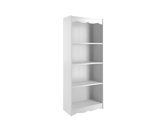 Tall white bookcase with five shelves, 60 inches high, modern minimalist design, sturdy wooden construction, ideal for organizing books, decor, and storage in living rooms, offices, or bedrooms.