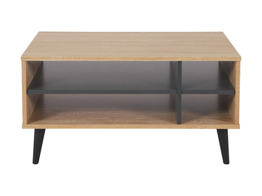 Light wood rectangle coffee table with grey storage shelves, sleek modern design, sturdy legs, and smooth finish; perfect for living room organization and contemporary decor.