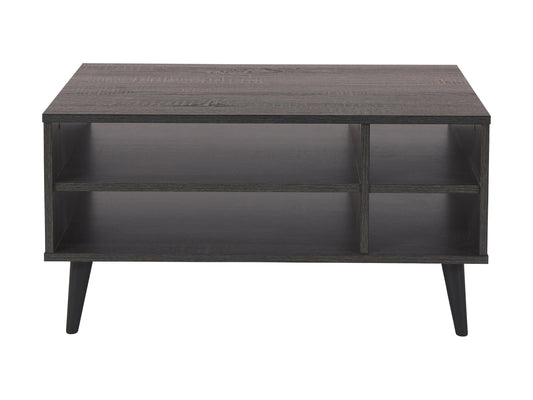 Dark grey rectangle coffee table with storage shelf, featuring a sleek wooden finish and minimalist design. Ideal for modern living rooms, providing ample space for books, decor, and essentials.