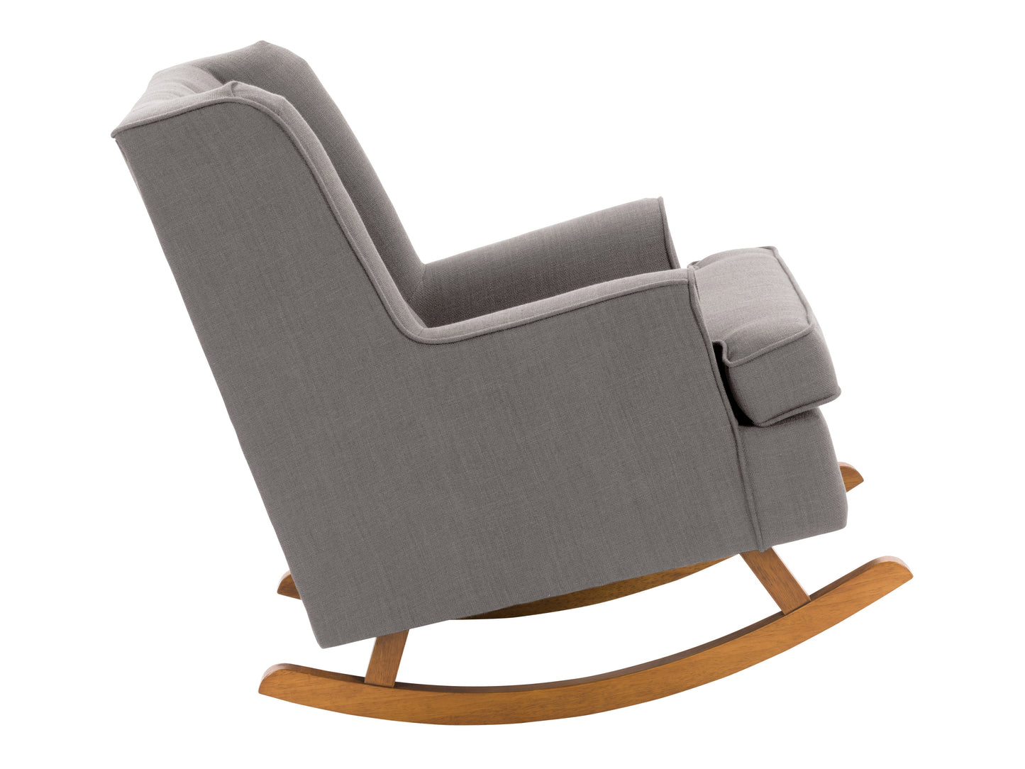 Light grey upholstered rocking chair with wooden legs, featuring a high back and cushioned seat for comfort. Ideal for living rooms and nurseries, blending modern design with timeless elegance.