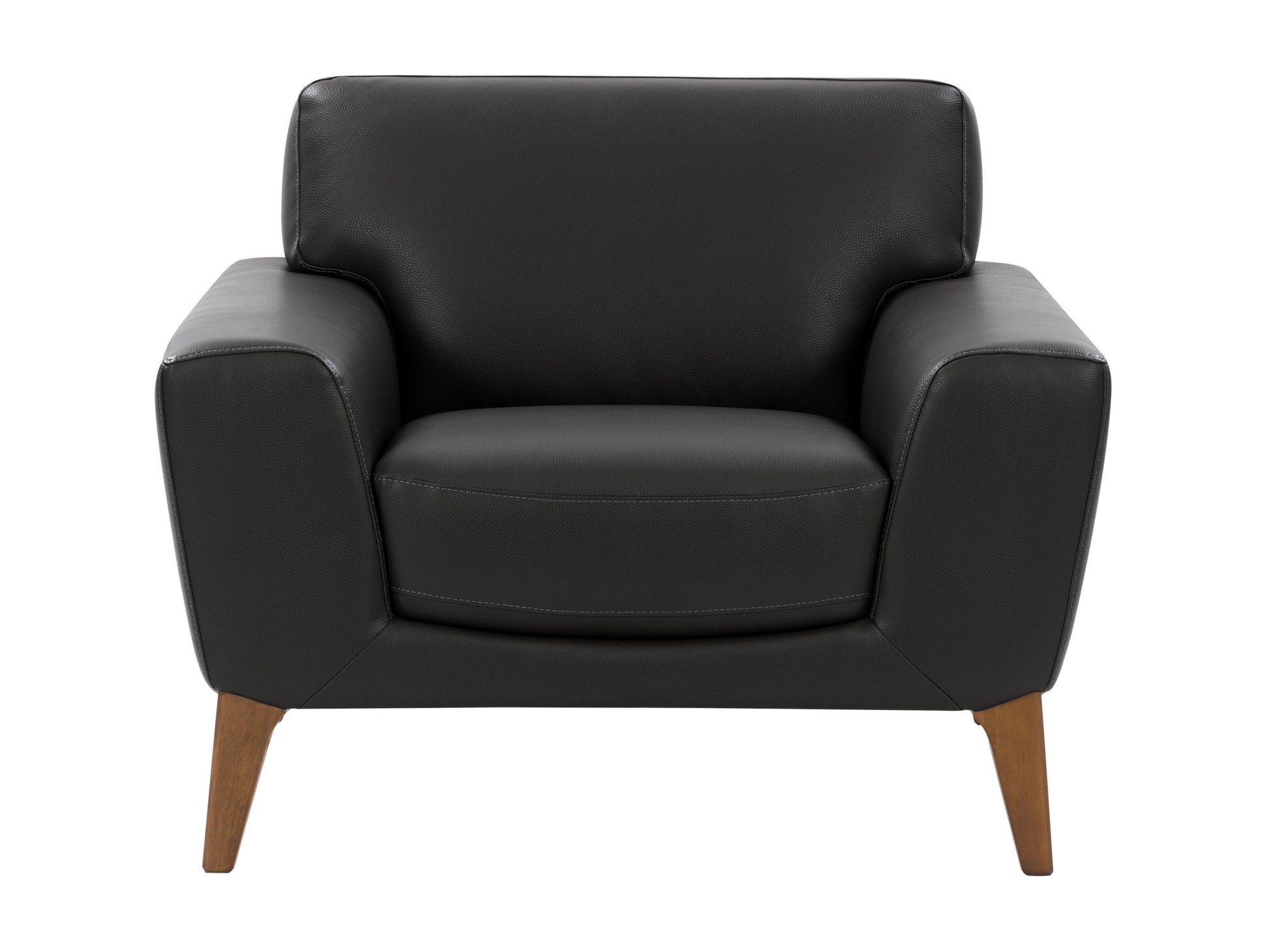 Black faux leather arm chair with sleek design, padded armrests, and chrome legs, ideal for modern living rooms or offices.