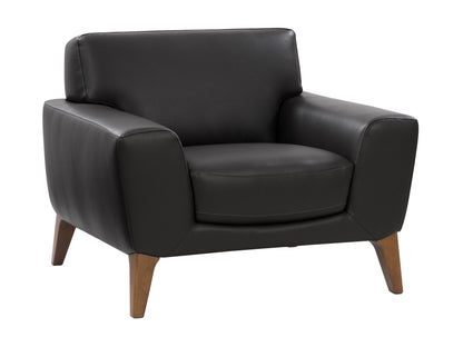 Black faux leather arm chair with sleek design, padded armrests, and chrome legs, ideal for modern living rooms or offices.