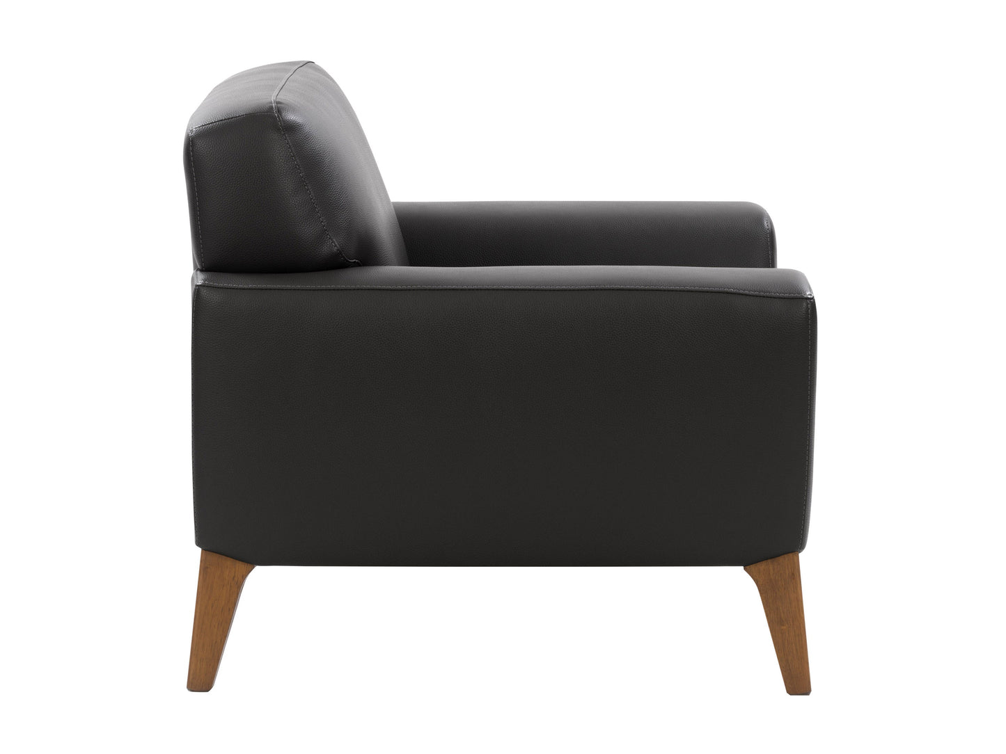 Black faux leather arm chair with sleek design, padded armrests, and chrome legs, ideal for modern living rooms or offices.