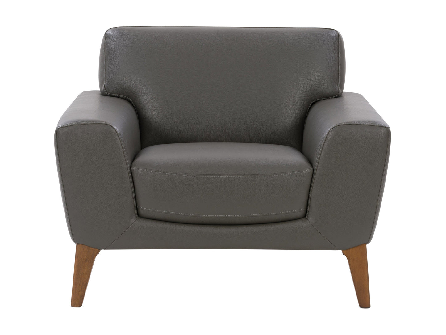 Grey faux leather armchair with sleek, modern design, featuring plush cushioning, smooth texture, and sturdy metal legs. Ideal for contemporary living rooms or offices seeking stylish, comfortable seating.