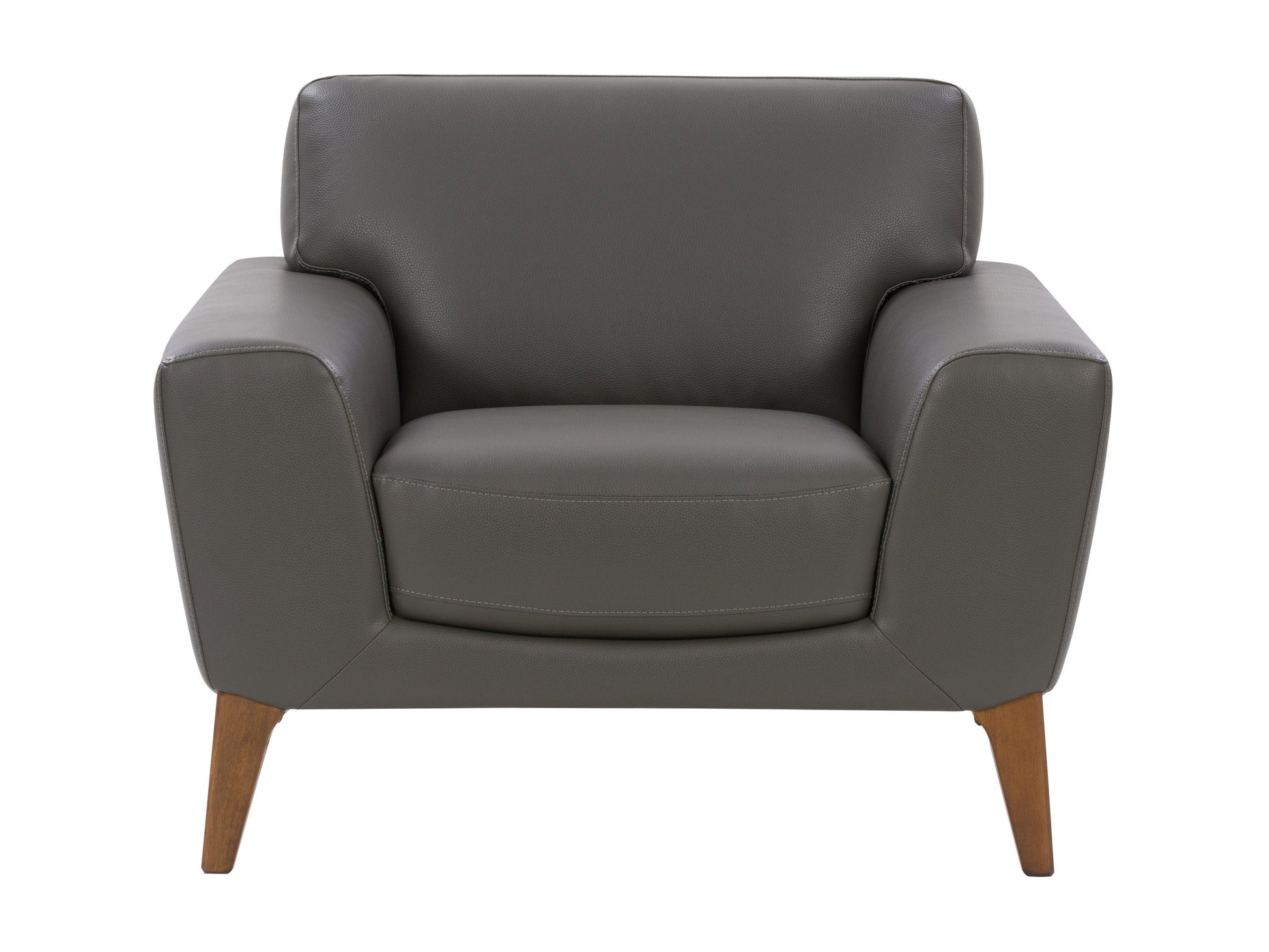 Grey faux leather armchair with sleek, modern design, featuring plush cushioning, smooth texture, and sturdy metal legs. Ideal for contemporary living rooms or offices seeking stylish, comfortable seating.