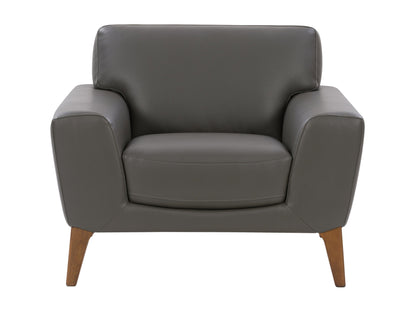 Grey faux leather armchair with sleek, modern design, featuring plush cushioning, smooth texture, and sturdy metal legs. Ideal for contemporary living rooms or offices seeking stylish, comfortable seating.