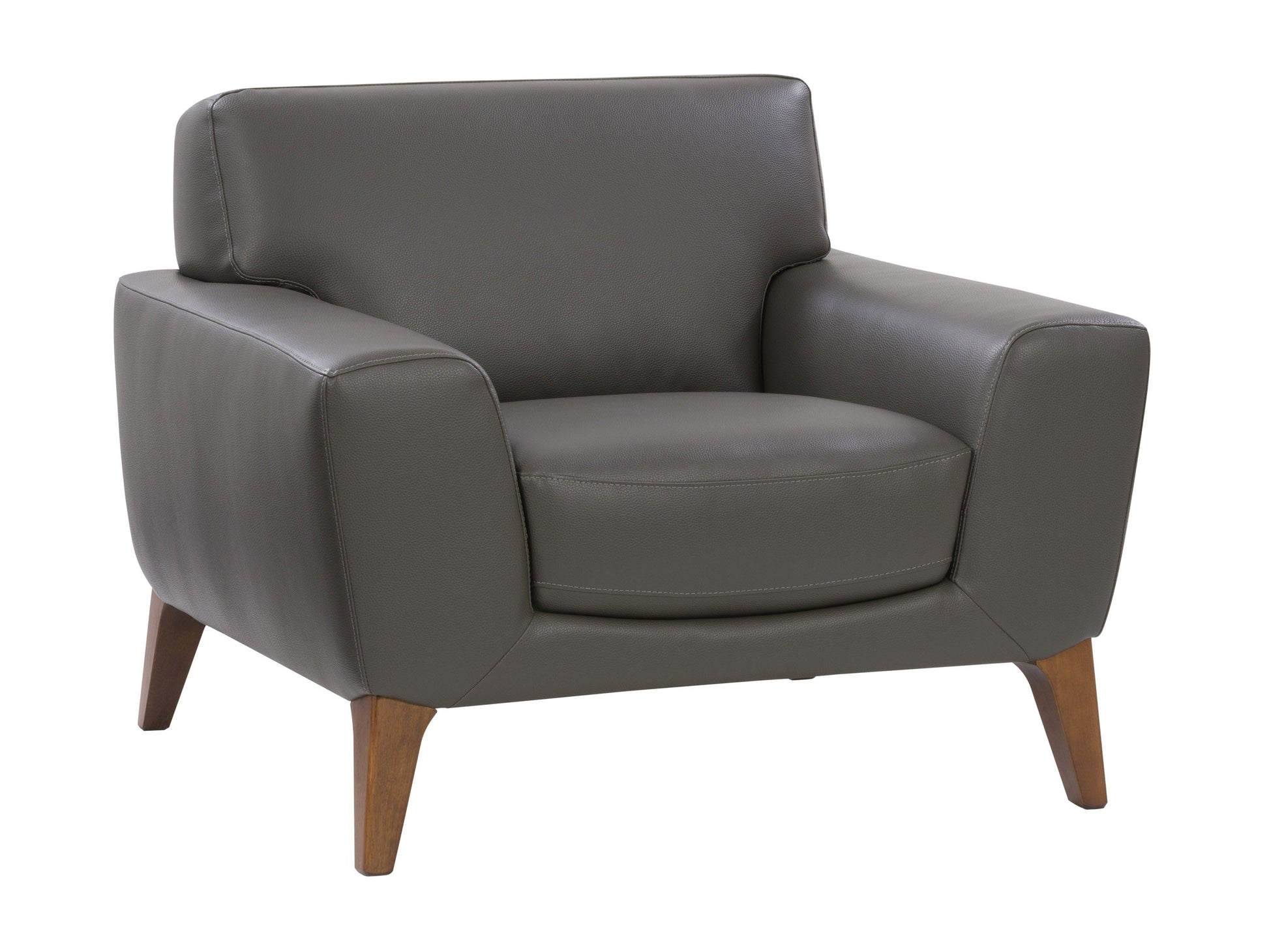 Grey faux leather armchair with sleek, modern design, featuring plush cushioning, smooth texture, and sturdy metal legs. Ideal for contemporary living rooms or offices seeking stylish, comfortable seating.