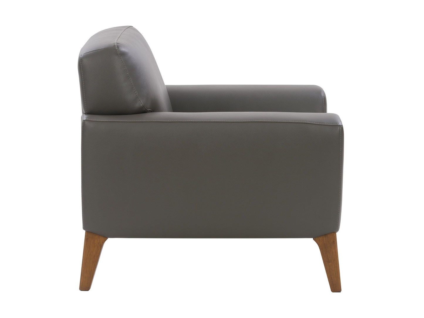 Grey faux leather armchair with sleek, modern design, featuring plush cushioning, smooth texture, and sturdy metal legs. Ideal for contemporary living rooms or offices seeking stylish, comfortable seating.