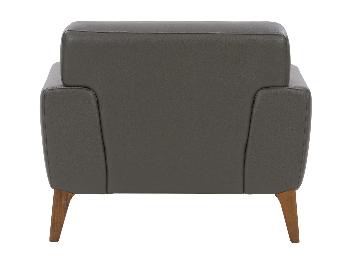 Grey faux leather armchair with sleek, modern design, featuring plush cushioning, smooth texture, and sturdy metal legs. Ideal for contemporary living rooms or offices seeking stylish, comfortable seating.