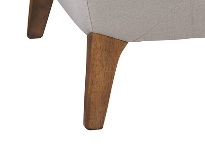 Light grey arm chair with plush upholstery, wooden legs, and modern design. Ideal for living rooms, it features a comfortable, cushioned seat and backrest. Perfect for contemporary and minimalist home decor.